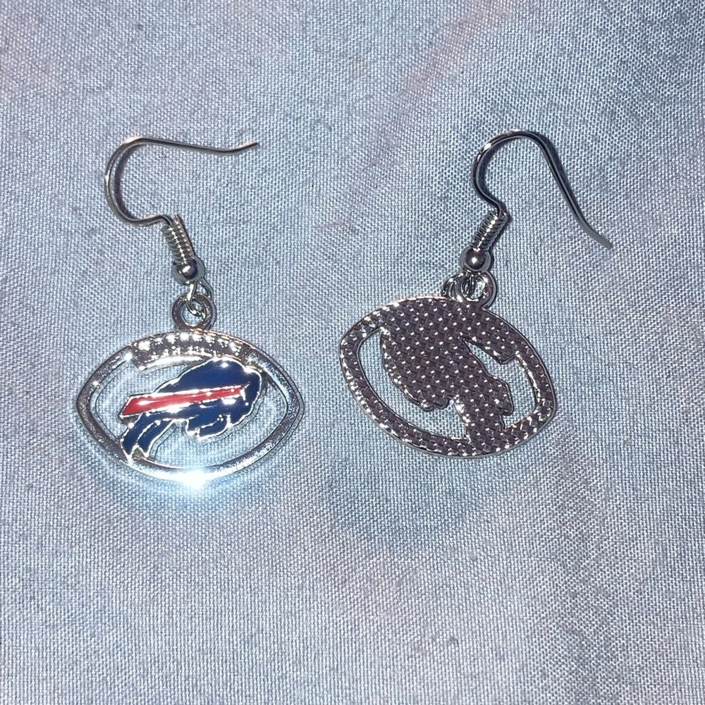 Buffalo Bills Logo Dangle Earrings - Silver Tone with Blue & Red Enamel